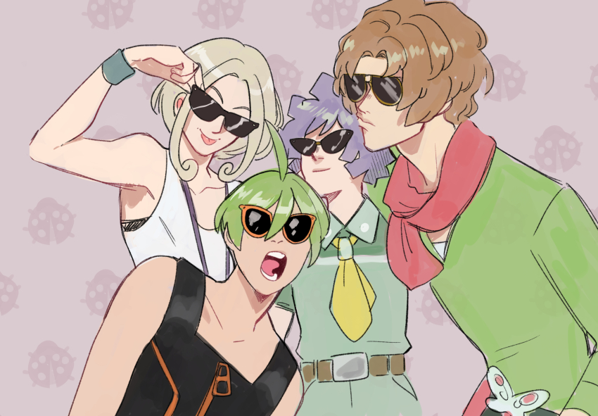 1girl 3boys aaron_(pokemon) ahoge belt belt_buckle black_shirt blonde_hair brown_belt brown_hair buckle bugsy_(pokemon) burgh_(pokemon) closed_mouth collarbone commentary english_commentary game_freak green_shirt highres monkii_(mjooolnina) multiple_boys nintendo open_mouth pink_scarf pokemon pokemon_bw pokemon_dppt pokemon_hgss pokemon_xy purple_hair scarf shirt short_hair sidelocks sleeveless sleeveless_shirt smile sunglasses teeth tongue tongue_out viola_(pokemon) white_shirt wristband