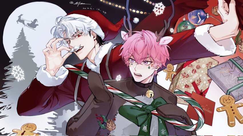 2boys animal_costume animal_ears antlers bamby_(plave) bell bow candy candy_cane christmas christmas_ornaments commentary english_commentary eunho_(plave) facial_hair facing_viewer fake_facial_hair fake_mustache food full_moon gift gingerbread_man green_bow hair_between_eyes hat highres holding holding_candy holding_candy_cane holding_food horns jingle_bell k-pop looking_at_another moon multiple_boys mustache parted_bangs pink_eyes pink_hair plave red_eyes reindeer_antlers santa_hat snowflakes sticker_on_face upper_body white_hair ye_zi_(user_rctc4832)