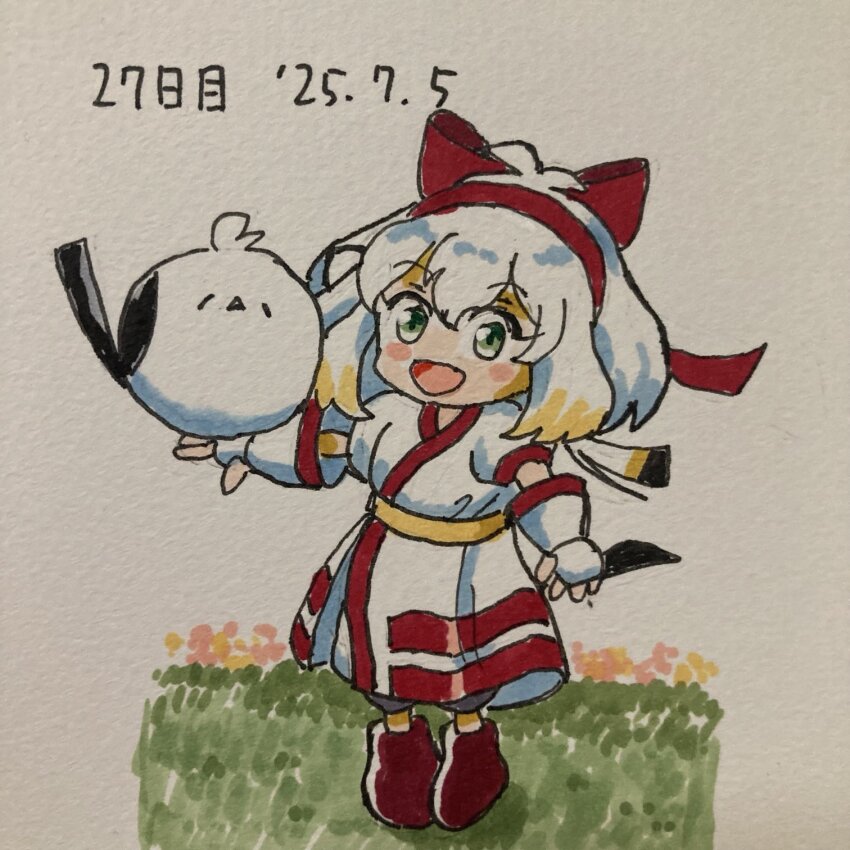 1girl bird breasts character_request cosplay dated fingerless_gloves gloves green_eyes hair_ribbon highres legs long_hair nakoruru open_mouth pants ribbon samurai_spirits short_hair small_breasts snk the_king_of_fighters thighs tongue traditional_media white_hair