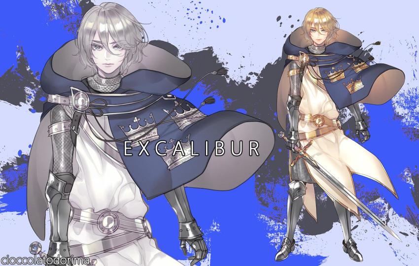 1boy armor artist_name blonde_hair blue_background blue_cape cape character_name cioccolatodorima closed_mouth excalibur_(mythology) holding holding_sword holding_weapon male_focus original personification plate_armor solo sword touken_ranbu weapon zoom_layer