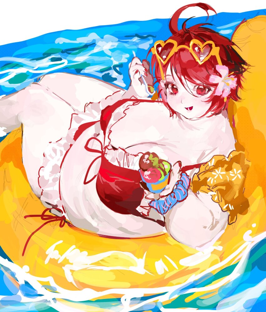 1girl ahoge bikini blue_scrunchie breasts cup fat fat_woman floating flower flower_on_head food frilled_bikini frills front-tie_bikini_top front-tie_top heart heart-shaped_eyewear highres holding holding_food holding_ice_cream holding_spoon ice_cream ice_cream_cup innertube large_breasts navel nomyon83 open_mouth original outdoors plump red_bikini red_eyes red_hair scrunchie short_hair side-tie_bikini_bottom smile solo spoon sunglasses_on_head swim_ring swimsuit towel water white_background wrist_scrunchie yellow-framed_eyewear