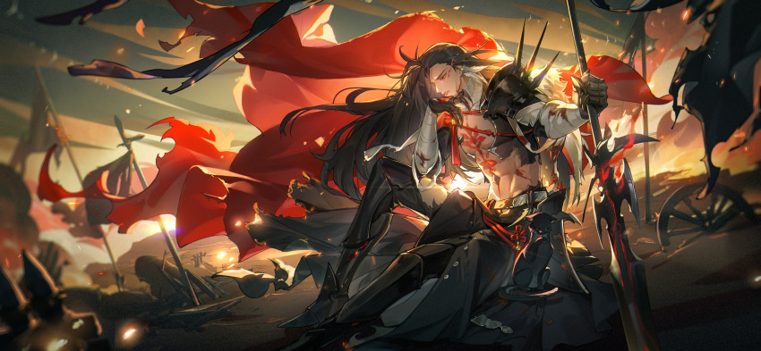 1boy abs absurdres armor armored_boots arrow_(projectile) asymmetrical_bangs bandaged_arm bandaged_neck bandages battlefield belt black_belt black_boots black_hair black_pants black_shirt blood blood_on_face blood_on_hands boots cape chest_tattoo crow_yayu cuts earrings feather_earrings feathers flag floating_cape full_body gauntlets highres holding holding_polearm holding_weapon injury jewelry knee_up lianhua_blood_duck_(the_tale_of_food) licking licking_hand light_particles long_hair long_sleeves looking_at_hand male_focus midriff official_art outdoors pants pectoral_cleavage pectorals planted planted_spear polearm profile red_cape red_eyes shield shirt shoulder_armor shoulder_spikes sitting solo spear spikes tassel tattoo the_tale_of_food toned toned_male tongue tongue_out torn_cape torn_clothes torn_pants torn_shirt waist_cape weapon wheel wind