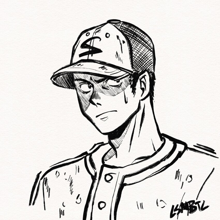 1boy adam&#039;s_apple baseball_cap buttons closed_mouth commentary commentary_request csmbtc dorohedoro english_commentary fujita_(dorohedoro) greyscale hat highres inktober looking_at_viewer male_focus monochrome shaded_face sideburns simple_background solo sweatdrop upper_body