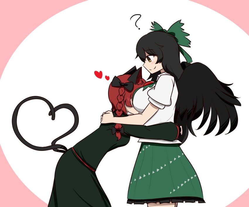 2girls ? absurdres animal_ears avian_zebra between_breasts bird_wings black_dress black_hair black_wings bow braid breasts cat_ears cat_girl cat_tail closed_mouth commentary dress english_commentary from_side green_bow green_skirt hair_bow head_between_breasts heart heart_tail highres hug kaenbyou_rin large_breasts long_hair long_sleeves multiple_girls multiple_tails red_hair reiuji_utsuho shirt skirt smile tail touhou two_tails white_background white_shirt wings yuri
