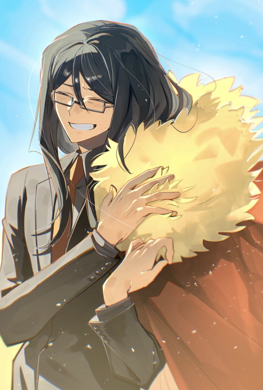 1boy black_hair cape closed_eyes fate/grand_order fate_(series) formal_clothes fur-trimmed_cape fur_trim glasses grin highres long_hair lord_el-melloi_ii male_focus necktie red_cape smile suit tokoni_fusu waver_velvet