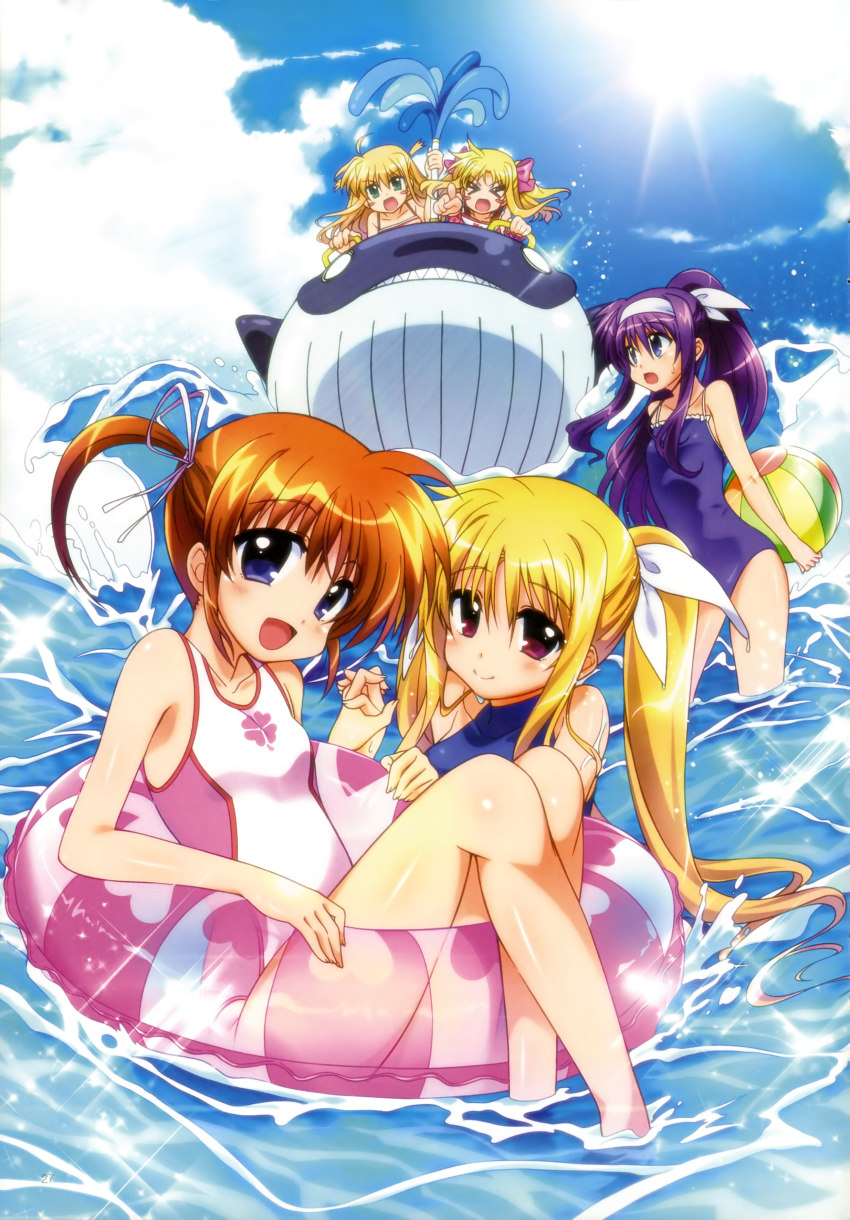 &gt;_&lt; 5girls :d absurdres alicia_testarossa arisa_bunnings arisa_bunnings ball beachball blonde_hair blush blush_stickers casual_one-piece_swimsuit closed_eyes cloud day fate_testarossa hairband highres holding_hands inflatable_toy innertube interlocked_fingers kawakami_shuuichi legs long_hair looking_at_viewer lyrical_nanoha mahou_shoujo_lyrical_nanoha mahou_shoujo_lyrical_nanoha_innocent multiple_girls ocean official_art one-piece_swimsuit open_mouth orange_hair outdoors purple_eyes purple_hair red_eyes red_hair sky smile sun swim_ring swimsuit takamachi_nanoha tsukimura_suzuka twintails wading water waves