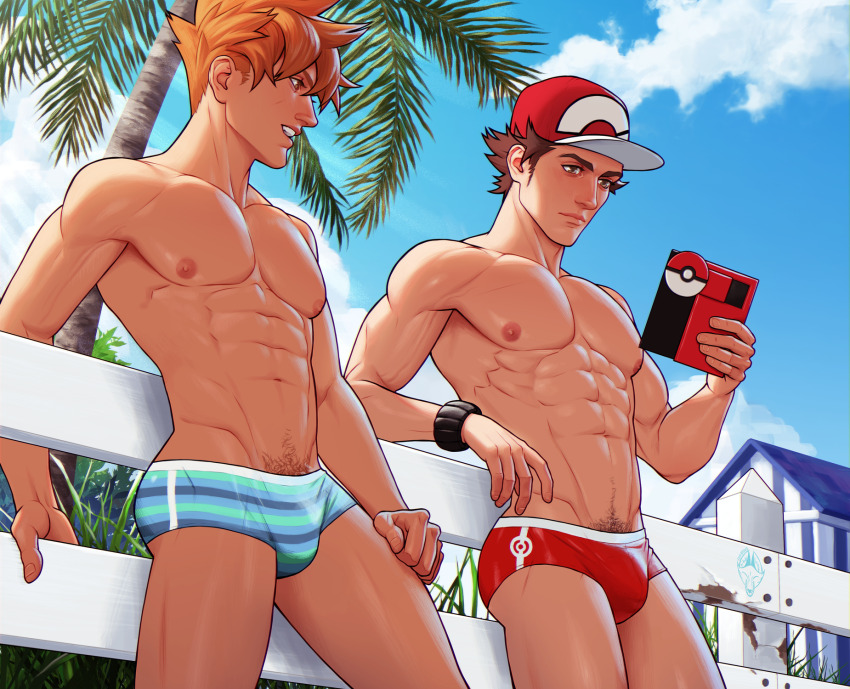 2boys abs bara baseball_cap blue_oak brown_eyes brown_hair commentary english_commentary fox_bravo hat highres holding male_focus male_swimwear multiple_boys navel nintendo nipples palm_tree pectorals pokemon pokemon_sm red_(pokemon) short_hair sky swim_briefs toned toned_male topless_male tree