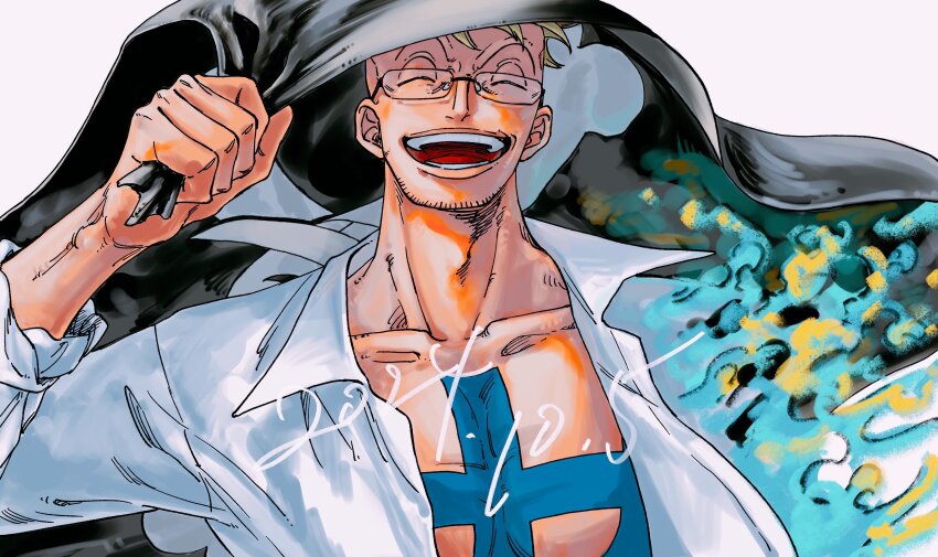 1boy ^_^ absurdres beard_stubble blonde_hair chest_tattoo closed_eyes commentary_request dated facial_hair flag glasses highres holding holding_flag jolly_roger male_focus marco_(one_piece) one_piece open_clothes open_mouth open_shirt shirt simple_background solo stubble tattoo tnsugui upper_body white_background white_shirt whitebeard_pirates_jolly_roger