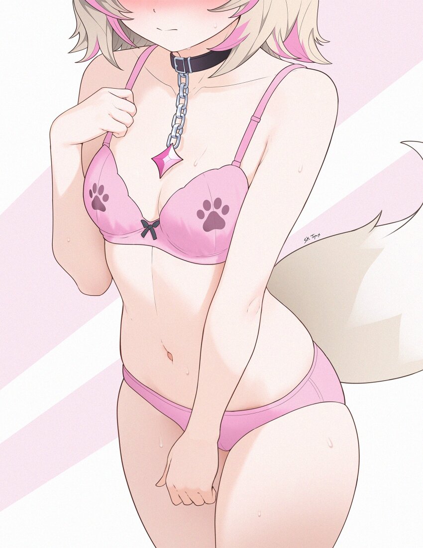 1girl animal_collar animal_ears black_collar blonde_hair blush bra breasts cleavage closed_mouth collar commentary dog_ears dog_girl dog_tail english_commentary hand_up head_out_of_frame highres hololive hololive_english mococo_abyssgard multicolored_hair navel panties paw_print pink_bra pink_hair pink_panties short_hair sk_jynx small_breasts solo stomach streaked_hair tail underwear underwear_only virtual_youtuber