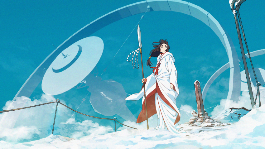 1girl absurdres black_hair blue_eyes blue_sky cloud grave highres holding holding_polearm holding_weapon hood hood_down hooded_robe japanese_clothes long_hair long_skirt low-tied_long_hair mountain original outdoors polearm robe scenery science_fiction shinashina skirt sky snow solo space_station spear standing tassel weapon white_robe wide_sleeves wind