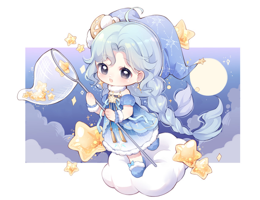 1girl absurdres ahoge aqua_bow aqua_hair bare_shoulders black_eyes blue_dress blue_hat blue_pajamas blue_ribbon blue_sleeves blue_slippers border bow braid brooch butterfly_net celestial_whispers_(infinity_nikki) chibi choker cloud cloud_hair_ornament cloudy_sky crescent crescent_hair_ornament detached_sleeves dot_nose dress earrings eyelashes floating_hair footwear_bow frilled_wrist_cuffs frills full_moon fur-trimmed_dress fur-trimmed_slippers fur_choker fur_trim fur_wrist_cuffs gradient_clothes gradient_dress hair_ornament hand_net happy hat hat_ornament highres holding holding_butterfly_net infinity_nikki jewelry light_blush light_particles long_dress long_hair looking_ahead low_twin_braids moon night night_sky nightcap nightgown nikki_(series) nuli_de_chengzhi_er on_cloud open_mouth outdoors outside_border pajamas parted_bangs puffy_short_sleeves puffy_sleeves ribbon short_sleeves sky slippers smile solo sparkle star_(symbol) star_brooch star_earrings star_hat_ornament star_print striped_clothes striped_dress tareme twin_braids vertical-striped_clothes vertical-striped_dress very_long_hair walking wavy_hair white_border white_choker white_wrist_cuffs wrist_cuffs