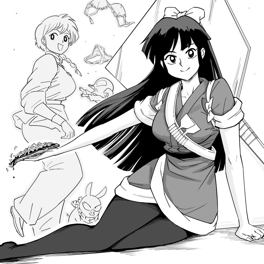 2girls absurdres animal bb_(baalbuddy) black_hair character_request greyscale happosai highres holding holding_plate kuonji_ukyou long_hair looking_at_viewer monochrome multiple_girls p-chan pig plate ponytail ranma ranma-chan ranma_1/2 sitting