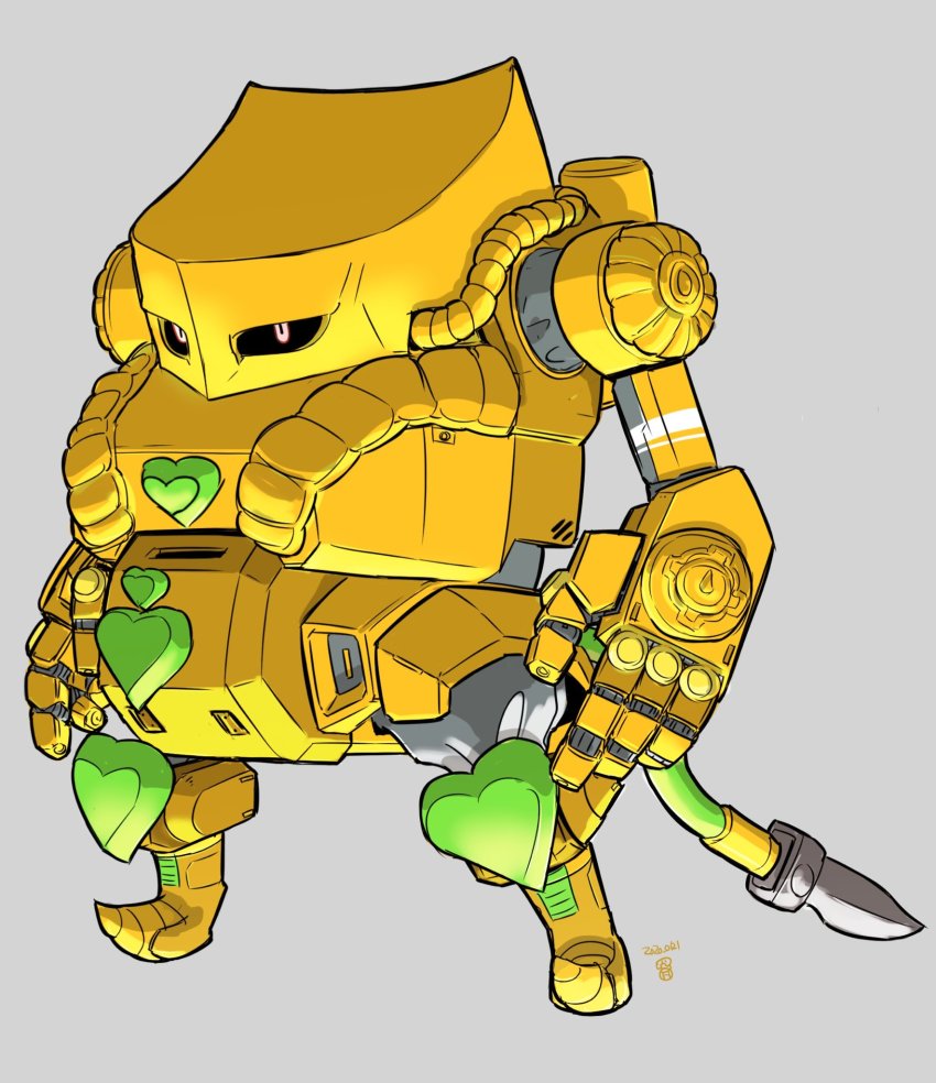 bad_id bad_twitter_id cable cable_tail dated fusion grey_background heart highres jgsdf_type_07_tank_nacchin jojo_no_kimyou_na_bouken looking_ahead mecha mechanical_tail moi_moi7 no_humans original pink_eyes robot science_fiction solo tail