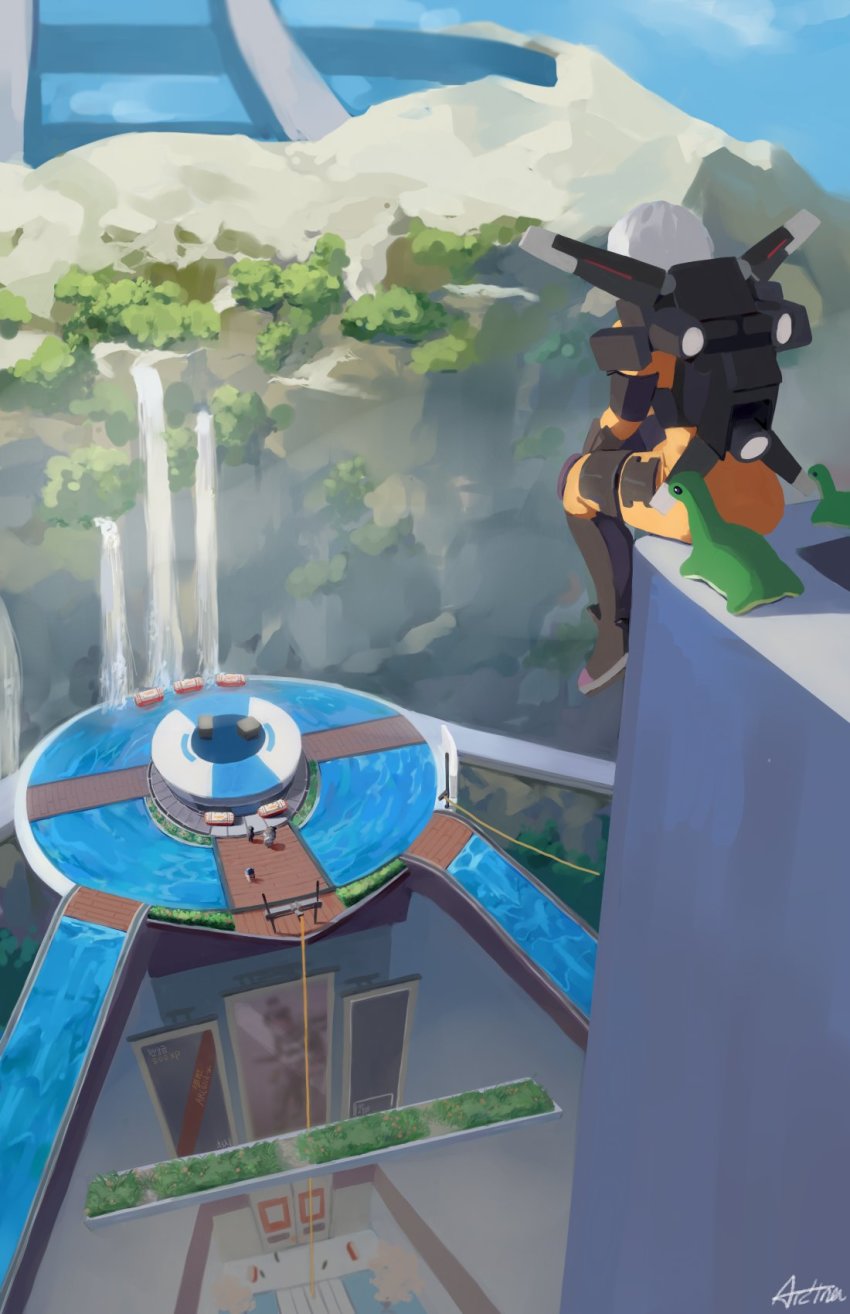 1girl apex_legends arc4na building cloud commentary english_commentary gibraltar_(apex_legends) grass highres jetpack nessie_(respawn) olympus_(apex_legends) scenery sitting sky solo_focus stuffed_animal stuffed_toy valkyrie_(apex_legends) void_specialist_wraith water waterfall wattson_(apex_legends) wraith_(apex_legends)