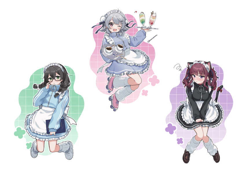 3girls :o ;d alternate_costume animal_ear_fluff animal_ears apron binchou_maguro black-framed_eyewear black_dress black_hair black_jacket blue_jacket blue_skirt blunt_bangs blush bow braid breasts brown_shoes bun_cover cat_ears cat_tail cevio clipboard closed_mouth coffee commentary_request cup dated double_bun dress enmaided fang frilled_apron frilled_dress frilled_skirt frills full_body glasses green_background grey_hair grid_background hair_bun hair_ornament hanakuma_chifuyu hand_up hands_up highres holding holding_clipboard holding_tray jacket jersey_maid kemonomimi_mode kneehighs knees_together_feet_apart koharu_rikka large_breasts long_hair long_sleeves looking_at_viewer maid maid_headdress medium_hair mug multiple_girls natsuki_karin one_eye_closed open_mouth outline pink_shoes purple_background purple_eyes red_bow red_hair roller_skates saucer shoes short_hair signature skates skin_fang skirt smile socks spoon sweatdrop synthesizer_v tail tail_bow tail_ornament track_jacket tray twin_braids twintails unconventional_maid v-shaped_eyebrows white_apron white_background white_outline white_shoes white_socks x_hair_ornament zipper