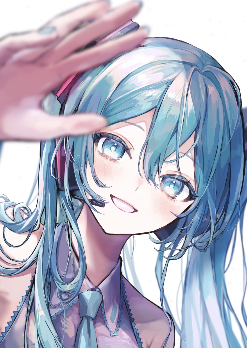 1girl absurdres aqua_eyes aqua_hair aqua_nails aqua_necktie aqua_trim blurry blurry_foreground blush collared_shirt grey_shirt hair_between_eyes hair_ornament hatsune_miku highres long_hair looking_at_viewer necktie open_mouth pipi_(pipinavigation) shirt simple_background sleeveless sleeveless_shirt smile solo twintails very_long_hair vocaloid white_background