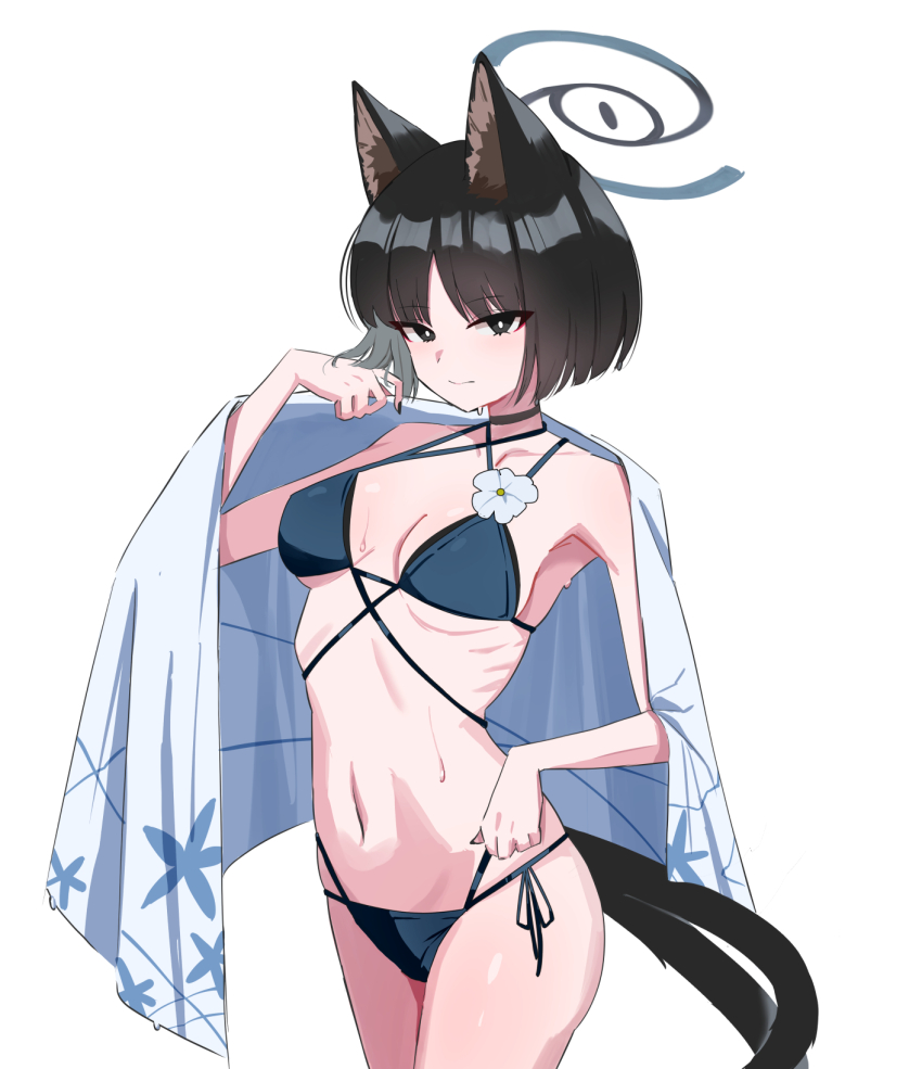 animal_ears bikini black_eyes black_tail blue_archive blue_bikini blue_halo cat_ears cat_girl cat_tail colored_inner_animal_ears criss-cross_halter criss-cross_straps halo halterneck highres kikyou_(blue_archive) kikyou_(swimsuit)_(blue_archive) layered_bikini multi-strapped_bikini_bottom multiple_tails navel official_alternate_costume side-tie_bikini_bottom string_bikini swimsuit tail two_tails wesly2300