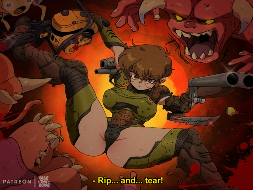1980s_(style) 1girl adapted_costume armor armored_leotard bluethebone breasts brown_eyes brown_hair cameltoe chainsaw demon doom_(series) doom_eternal doomguy double-barreled_shotgun english_text genderswap genderswap_(mtf) gun holding holding_chainsaw holding_gun holding_weapon large_breasts leotard medium_hair multiple-barrel_gun oldschool paid_reward_available power_armor praetor_suit retro_artstyle sawed-off_shotgun shotgun shoulder_cannon shoulder_gun side-by-side-barreled_shotgun space_marine weapon wrist_blade wrist_blades