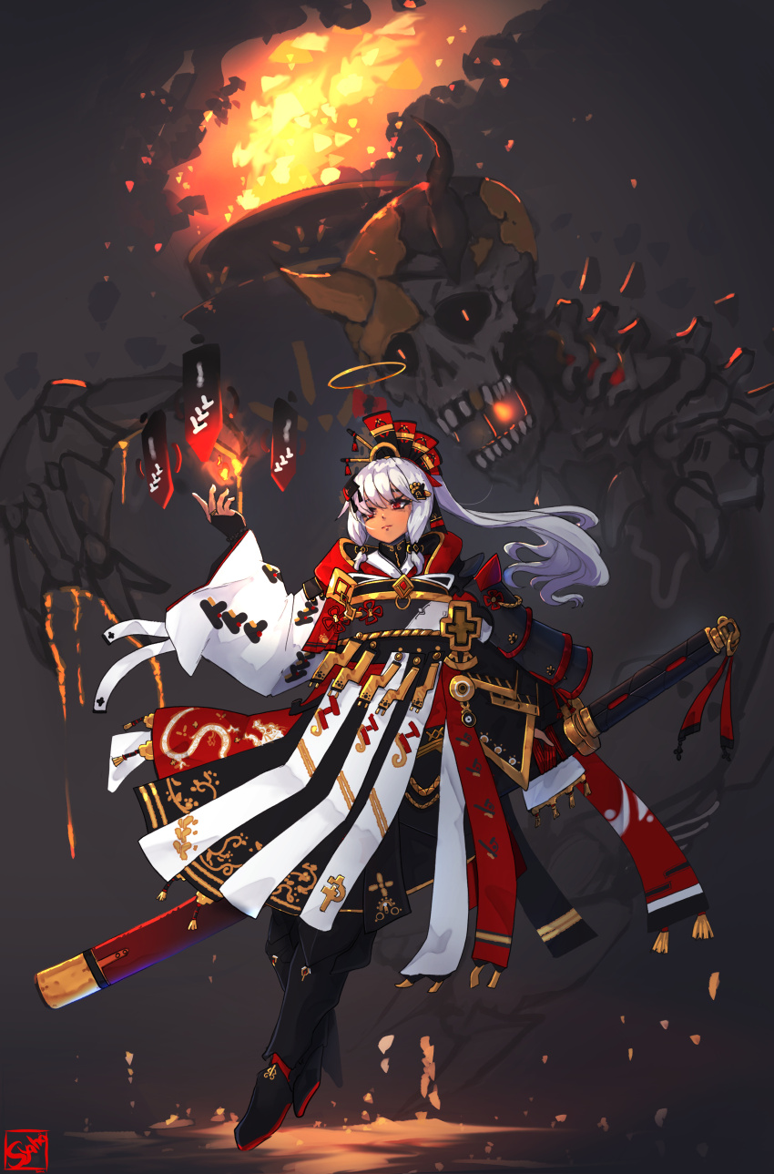 1girl absurdres armor black_gloves boots burning dark-skinned_female dark_skin demon fantasy fingerless_gloves fire floating full_body gloves grey_hair hair_ornament halo highres holding horns katana long_hair long_sleeves monster ofuda original ponytail red_eyes scabbard sheath sheathed shoulder_armor skull smile solo sword syaha talisman weapon white_hair wide_sleeves