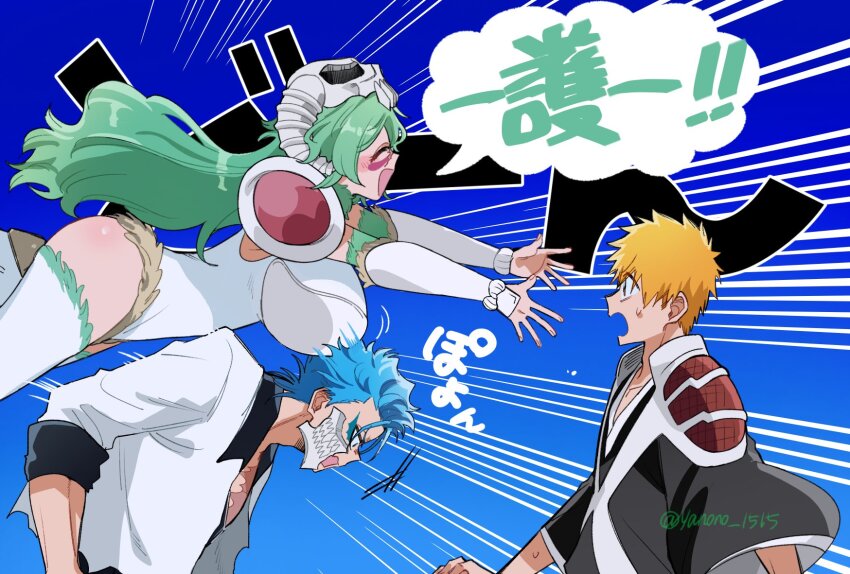 1girl 2boys arrancar bleach bleach:_sennen_kessen-hen blue_hair breasts closed_eyes green_hair grimmjow_jaegerjaquez highres kurosaki_ichigo large_breasts long_hair multiple_boys nelliel_tu_odelschwanck open_mouth orange_hair smile thighhighs yanono_015