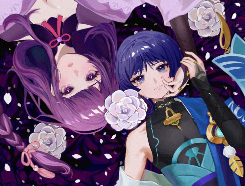 1boy 1girl abstract_background armpits bare_shoulders blue_eyes blue_hair blunt_bangs braid breasts bridal_gauntlets cleavage closed_mouth commentary_request crying crying_with_eyes_open feathers flower from_above genshin_impact hair_between_eyes hair_ribbon hand_on_another&#039;s_cheek hand_on_another&#039;s_face hand_on_another&#039;s_hand highres japanese_clothes jewelry kimono long_braid long_hair long_sleeves looking_at_viewer lying mole mole_under_eye momi1030 mother_and_son multicolored_eyes multicolored_hair neck_ribbon off_shoulder on_back open_mouth out_of_frame pendant petals pink_ribbon purple_background purple_eyes purple_hair purple_kimono raiden_shogun red_ribbon ribbon scaramouche_(genshin_impact) shade short_hair single_braid sleeveless streaked_hair tearing_up tears upside-down wanderer_(genshin_impact) wide_sleeves