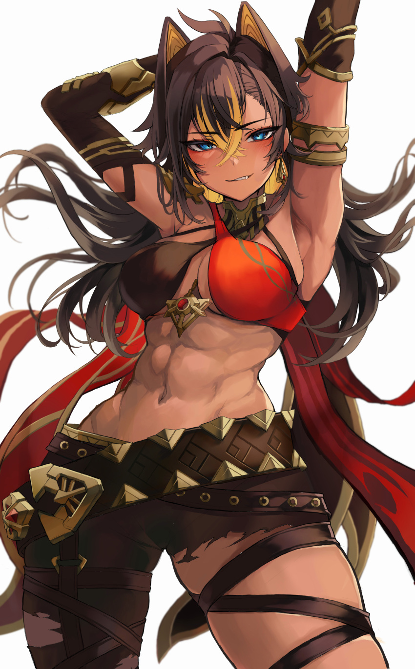 1girl abs absurdres akechi_(akechi_5416) arm_behind_head arm_up armpits bare_shoulders black_hair blonde_hair blue_eyes blush breasts commentary_request cowboy_shot crossed_bangs dark-skinned_female dark_skin dehya_(genshin_impact) earrings fang floating_hair genshin_impact hair_between_eyes halterneck highres jewelry large_breasts long_hair looking_at_viewer multicolored_hair navel parted_lips partial_commentary simple_background solo stomach streaked_hair white_background