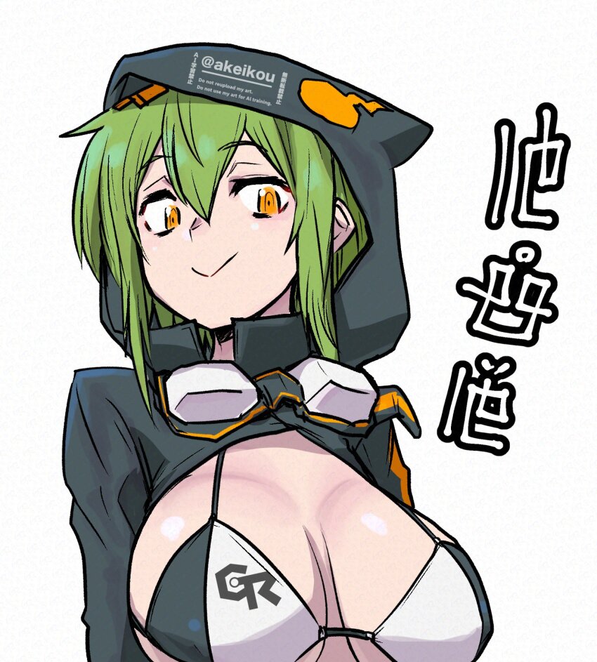 1girl akeikou artist_name bra breasts digimon digimon_world_re:digitize digimon_world_re:digitize_decode female_focus goggles goggles_around_neck green_hair hair_ornament hairclip highres hood hoodie japanese_text large_breasts medium_hair orange_eyes shinomiya_rina shiny_skin simple_background smile swimsuit translation_request underwear white_background