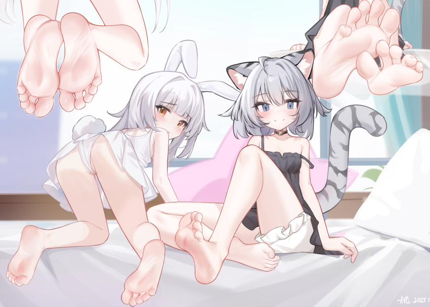 2girls absurdres all_fours animal_ears barefoot black_dress blue_eyes dress feet foot_focus highres kalun_(fwme3378) legs multiple_girls original panties rabbit_ears soles tail toes underwear white_panties