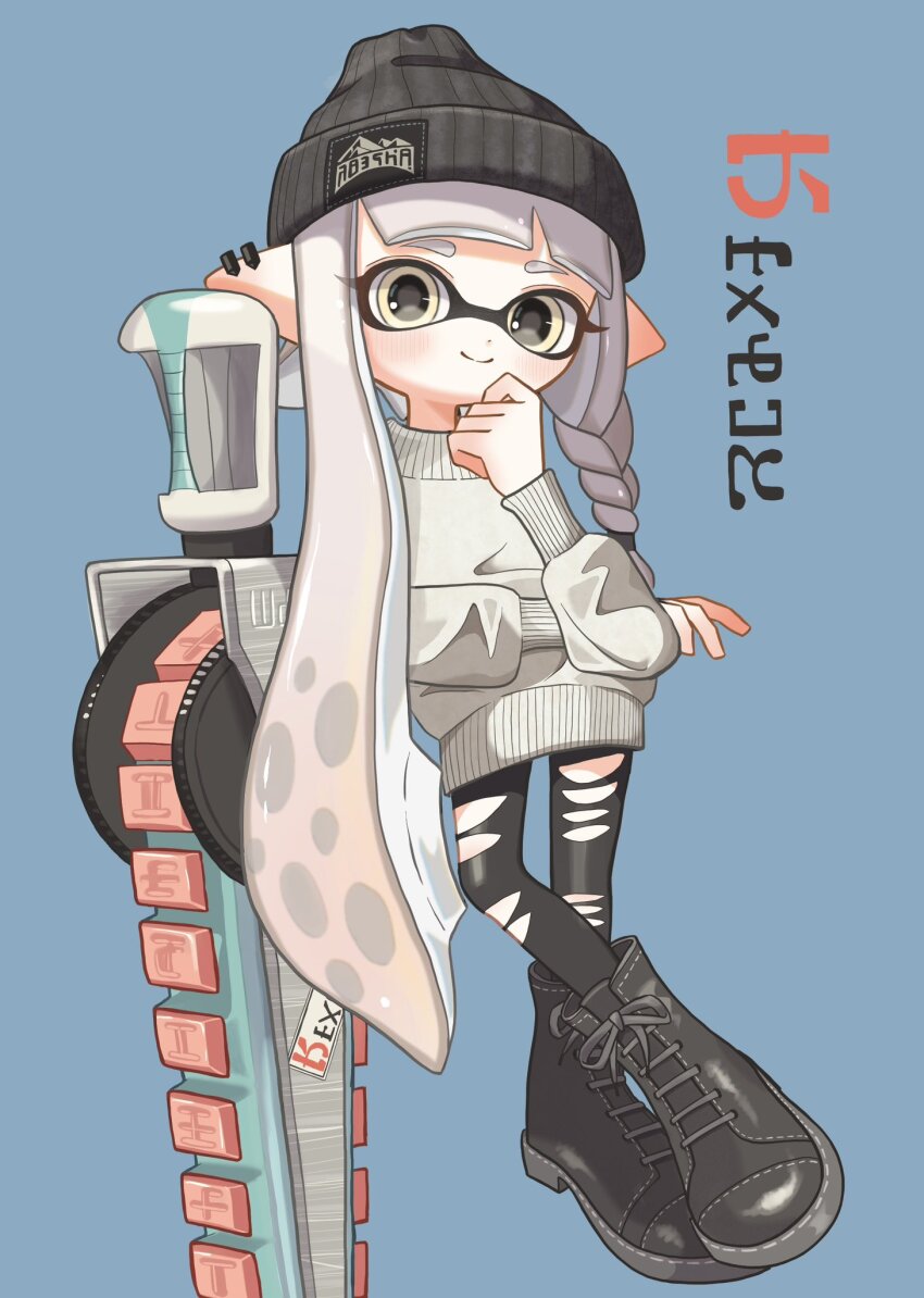 1girl beanie black_boots black_hat black_pants blue_background boots braid closed_mouth commentary full_body grey_hair hat highres inkling inkling_girl inkling_player_character lace-up_boots long_hair looking_at_viewer nintendo osakanagumi11 pants pointy_ears simple_background single_braid smile solo splatana_stamper_(splatoon) splatoon_(series) splatoon_3 standing sticker sweater symbol-only_commentary tentacle_hair torn_clothes torn_pants very_long_hair white_sweater yellow_eyes