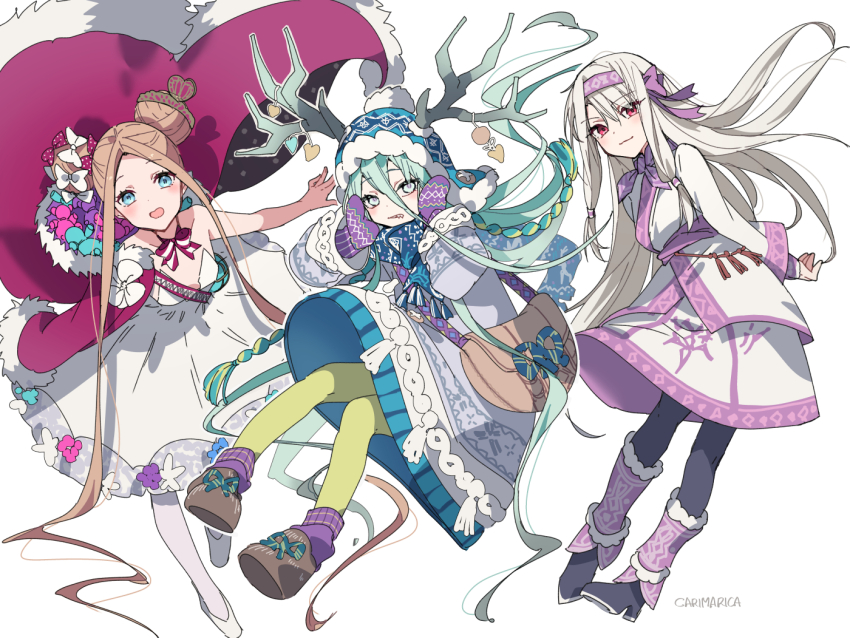 3girls abigail_williams_(fate) abigail_williams_(santa)_(fate) ainu_clothes antlers bare_shoulders beanie black_pantyhose blonde_hair blue_eyes blue_hat blue_scarf blush boots bow breasts carimarica cloak double_bun dress fate/grand_order fate_(series) forehead fur-trimmed_cloak fur_trim gloves hair_between_eyes hair_bow hair_bun hairband hat horns long_hair long_sleeves looking_at_viewer louhi_(fate) louhi_(second_ascension)_(fate) mittens multiple_girls pantyhose parted_bangs purple_gloves purple_hairband purple_mittens purple_scarf red_bow red_cloak red_eyes sash scarf shirt sidelocks sitonai_(fate) skirt small_breasts stuffed_animal stuffed_toy sweater teddy_bear tiara very_long_hair white_bow white_dress white_eyes white_hair white_pantyhose white_shirt white_skirt white_sweater yellow_pantyhose