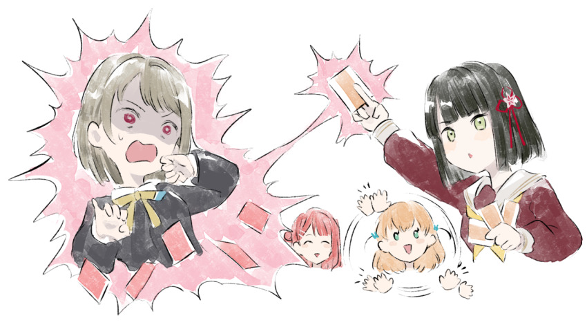 4girls :d ^_^ aqua_eyes black_hair black_jacket blunt_bangs blunt_ends bob_cut brown_dress brown_hair card clapping closed_eyes collared_shirt commentary_request cropped_torso crossed_bangs dress flower flower_knot green_eyes hair_bun hair_flower hair_ornament hairclip half_updo hangyaku_no_nijigasaki hasu_no_sora_school_uniform hinoshita_kaho holding holding_card jacket link!_like!_love_live! long_sleeves love_live! love_live!_nijigasaki_high_school_idol_club love_live!_series_official_card_game medium_hair momose_ginko motion_lines multiple_girls nakasu_kasumi neck_ribbon neckerchief nijigasaki_school_uniform open_mouth orange_hair pink_hair rabbit_hair_ornament red_eyes ribbon sailor_collar sailor_dress school_uniform shirt short_hair simple_background single_side_bun smile speed_lines sweatdrop trading_card two_side_up uehara_ayumu v-shaped_eyebrows virtual_youtuber white_background white_sailor_collar white_shirt winter_uniform yellow_neckerchief yellow_ribbon yoruneko_yashiro