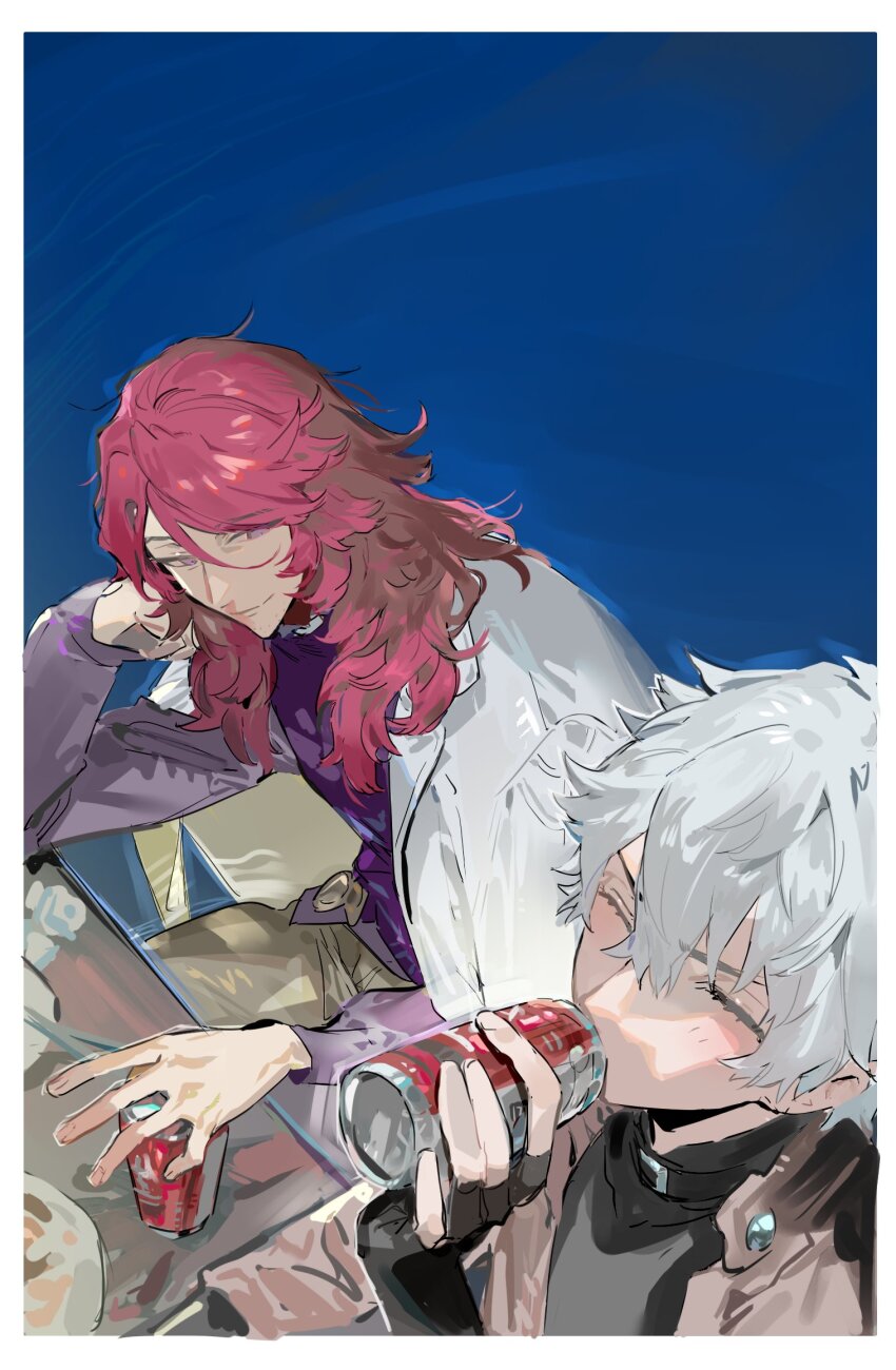 2boys blue_background can closed_eyes drink_can drinking fingerless_gloves gloves grey_hair hair_between_eyes highres holding holding_can jacket long_hair long_sleeves male_focus multiple_boys original purple_eyes purple_shirt qyzhiaiyisheng red_hair shirt short_hair simple_background sitting smile soda_can table