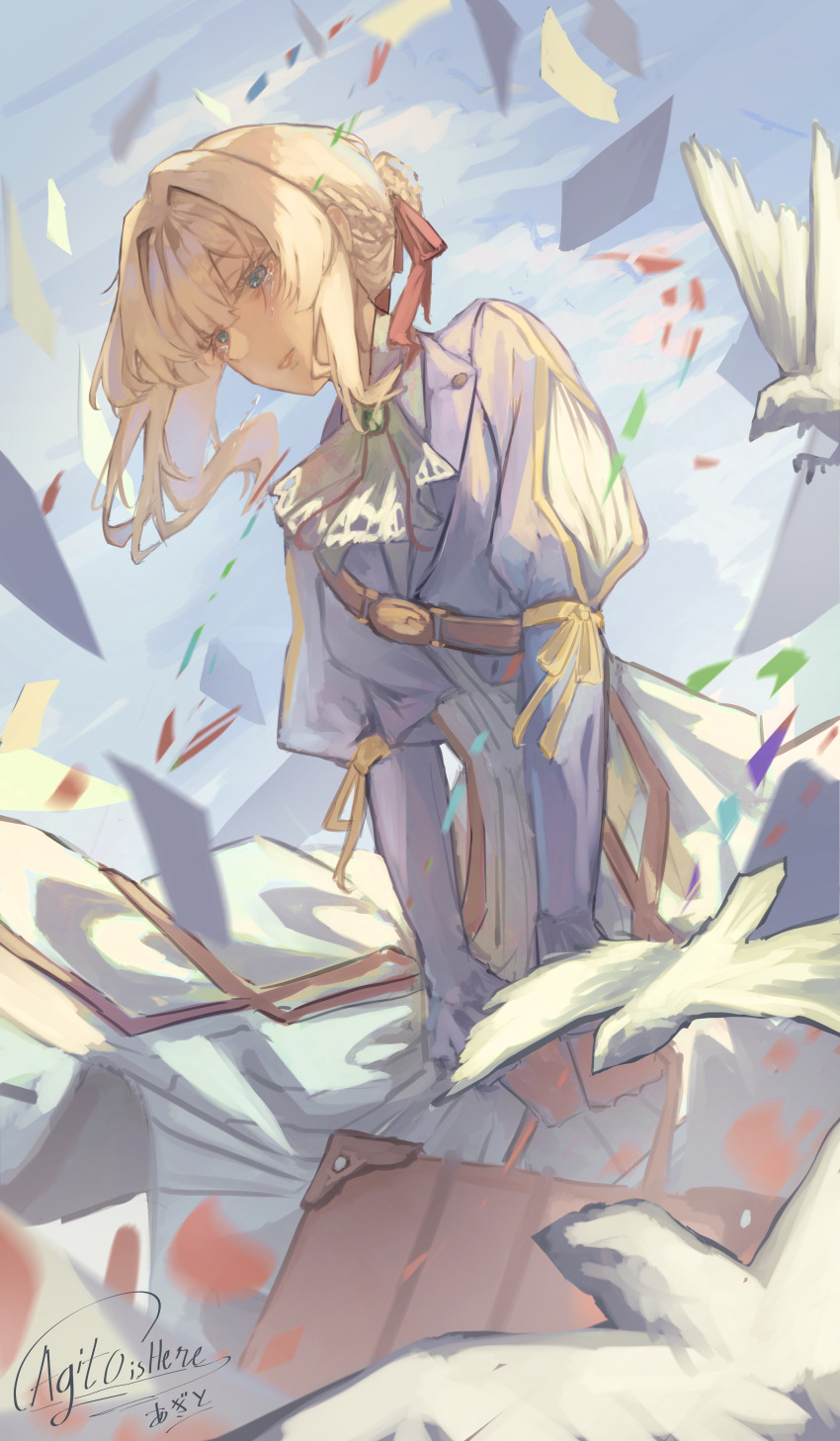 1girl absurdres agito_(agitoishere) bird blonde_hair blue_eyes braid closed_mouth dress highres holding holding_suitcase long_hair long_sidelocks red_ribbon ribbon sidelocks signature sketch solo suitcase upper_body violet_evergarden violet_evergarden_(series) white_bird white_dress