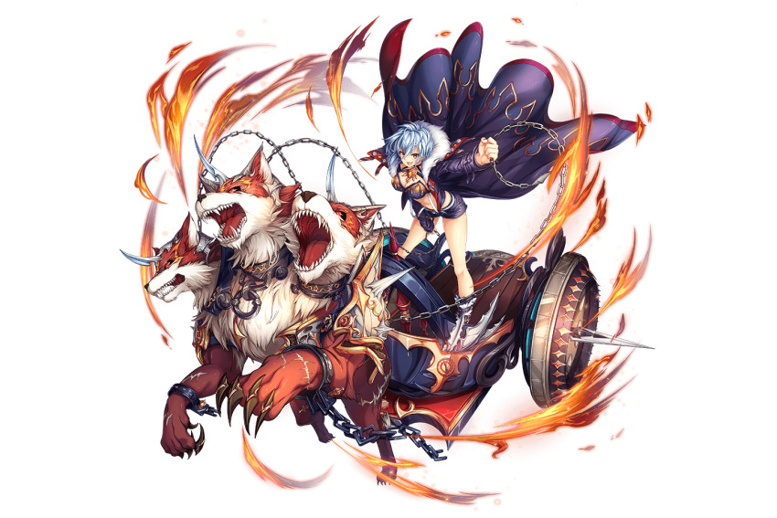 1girl arm_up artist_request bare_legs belt blue_hair breasts cape cerberus cerberus_(kamihime_project) chain chariot cleavage fire full_body fur_(clothing) game_cg holding holding_chain jacket kamihime_project navel official_art open_clothes open_jacket open_mouth orange_hair riding short_hair short_shorts shorts spikes third-party_source transparent_background wheel