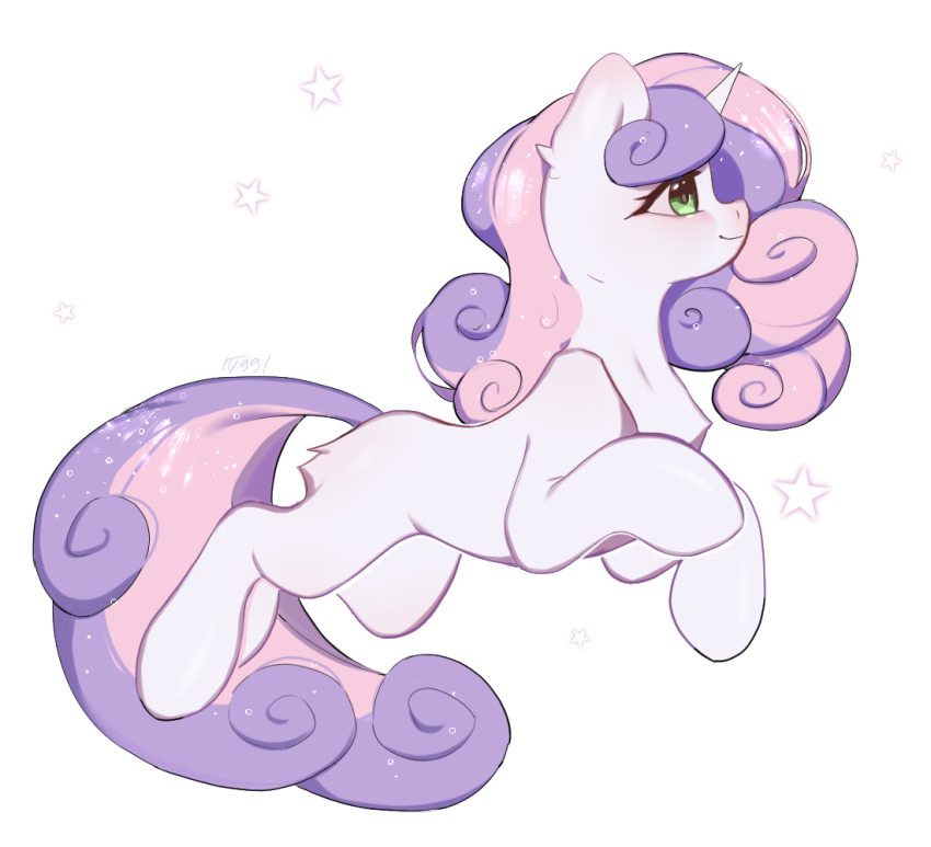 1girl from_side grach449 green_eyes horns long_hair multicolored_hair my_little_pony my_little_pony:_friendship_is_magic no_humans pink_hair purple_hair simple_background single_horn solo sweetie_belle two-tone_hair unicorn white_background white_fur