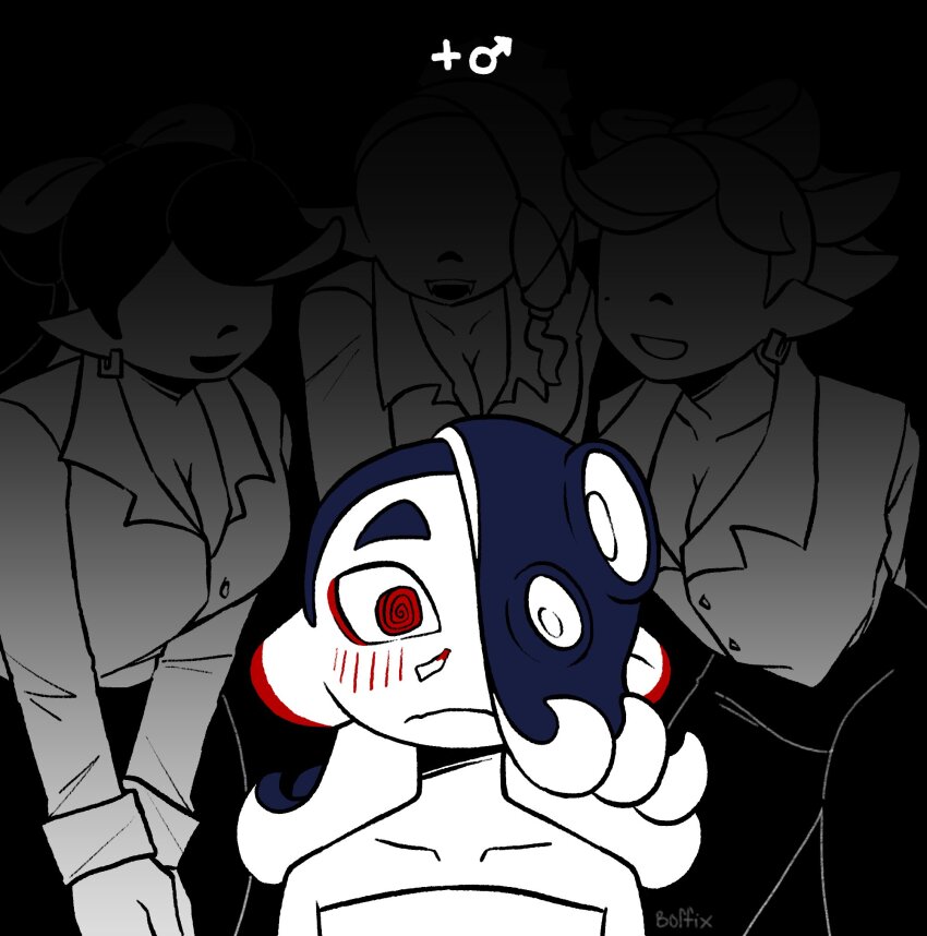 4girls @_@ black_background black_hair black_pants blue_hair blush boffix breasts callie_(splatoon) cleavage collar collarbone collared_shirt earrings eyeliner faceless faceless_female fangs frye_(splatoon) hair_over_one_eye highres hoop_earrings implied_nosebleed inkling jewelry leaning_forward long_hair looking_at_viewer makeup marie_(splatoon) mars_symbol medium_breasts mole multiple_girls nintendo no_eyes octoling pants plus_sign pointy_ears red_eyeliner shirt shiver_(splatoon) smile splatoon_(series) surrounded surrounded_by_breasts tentacle_hair thick_eyebrows thighs white_shirt yuri