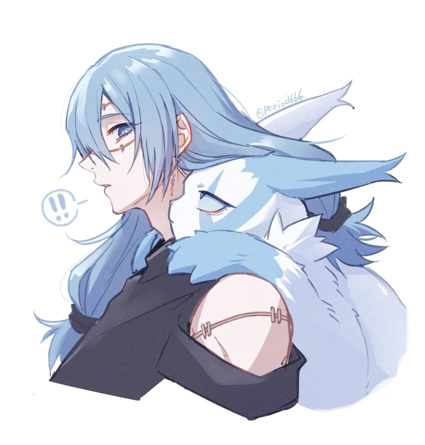 ! !! 1boy akasuzu3641 alternate_color animal animal_hands animal_on_shoulder black_scrunchie black_shirt blue_eyes blue_fur blue_sclera clothing_cutout colored_sclera ear_tufts eyelashes from_side gen_3_pokemon hair_between_eyes hair_ornament hair_scrunchie highres jujutsu_kaisen long_hair looking_at_animal looking_at_another low-tied_long_hair mahito_(jujutsu_kaisen) nintendo pokemon pokemon_(creature) scrunchie shirt shoulder_cutout simple_background spoken_exclamation_mark stitched_arm stitched_face stitches twitter_username upper_body white_background white_fur zangoose