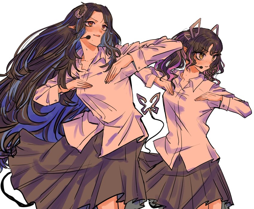 2girls absurdres alternate_costume amaotome black_hair blue_hair breasts brown_eyes collared_shirt commentary_request cowboy_shot curled_horns dancing demon_girl demon_horns demon_tail grey_horns grey_skirt headset hebiyoi_tier highres horns kojo_anna long_hair long_sleeves looking_afar medium_breasts multicolored_hair multiple_girls nanashi_inc. open_mouth pleated_skirt pointy_ears purple_hair shirt simple_background skirt smile standing sweat tail twintails two-tone_hair virtual_youtuber white_background white_shirt yellow_eyes
