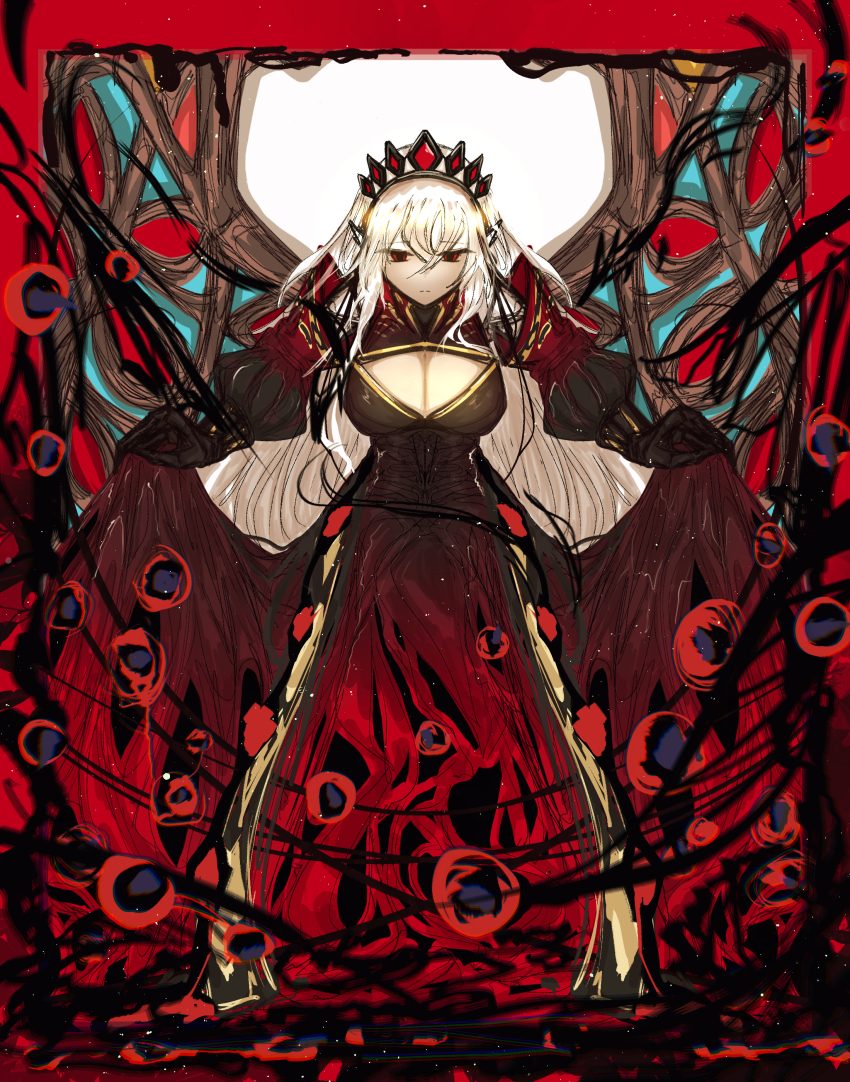 1girl absurdres annie_(annhoyyy) black_tiara blazing_cartesia_the_virtuous breasts cleavage cleavage_cutout closed_mouth clothes_lift clothing_cutout dragon_wings dress dress_lift duel_monster ecclesia_(yu-gi-oh!) hair_between_eyes half-closed_eyes highres large_breasts lifting_own_clothes long_dress long_hair long_sleeves looking_at_viewer pointy_ears red_dress red_eyes solo tiara white_hair wings yu-gi-oh!