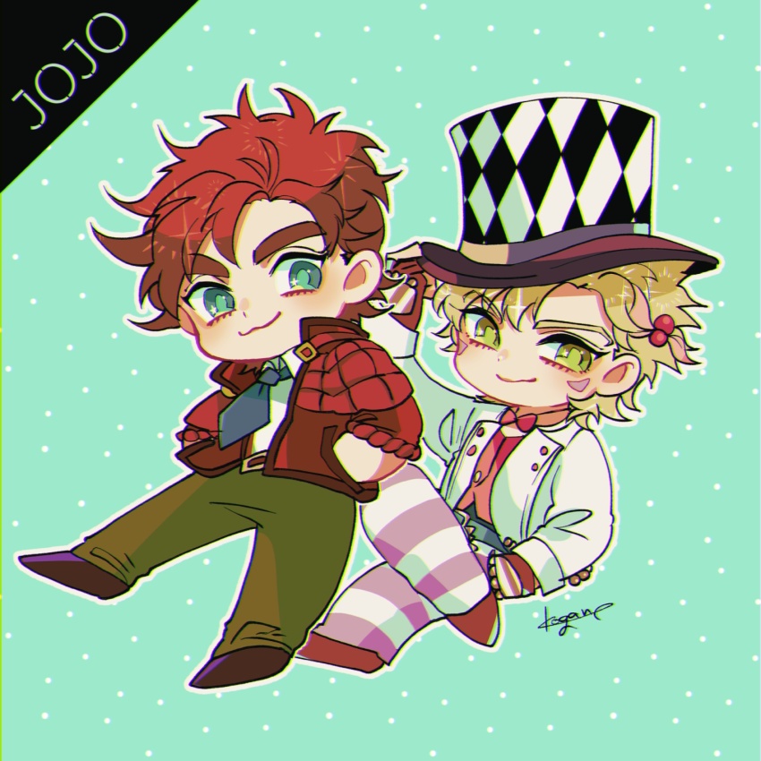 2boys :3 adjusting_clothes adjusting_headwear argyle artist_name battle_tendency belt blonde_hair blue_eyes blue_neckwear bow bowtie brown_gloves brown_hair caesar_anthonio_zeppeli chibi chromatic_aberration coat collared_shirt copyright_name cosplay facial_mark fingerless_gloves full_body gloves green_eyes hands_in_pockets hat highres jacket jojo_no_kimyou_na_bouken joseph_joestar joseph_joestar_(young) kogatarou long_sleeves looking_at_viewer male_focus multiple_boys necktie padded_coat pants pink_neckwear shirt signature smile striped_clothes striped_pants thick_eyebrows top_hat tuxedo vest will_anthonio_zeppeli will_anthonio_zeppeli_(cosplay)