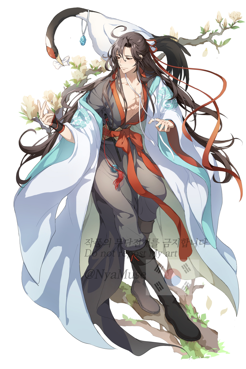 1boy absurdres artist_name bird bishounen black_boots black_robe boots branch brown_hair chinese_clothes closed_mouth collarbone commentary_request crane_(animal) dizi flower flute full_body hair_between_eyes hair_ribbon hand_up hanfu highres in_tree instrument jewelry long_hair long_sleeves looking_away looking_to_the_side male_focus modao_zushi muse_(rainforest) necklace open_clothes open_robe paper parted_bangs pectorals red_eyes red_ribbon ribbon robe sidelocks simple_background solo south_korean_flag tassel transverse_flute tree twitter_username very_long_hair watermark wei_wuxian wei_wuxian_(yiling_laozu) white_background white_flower white_robe wide_sleeves