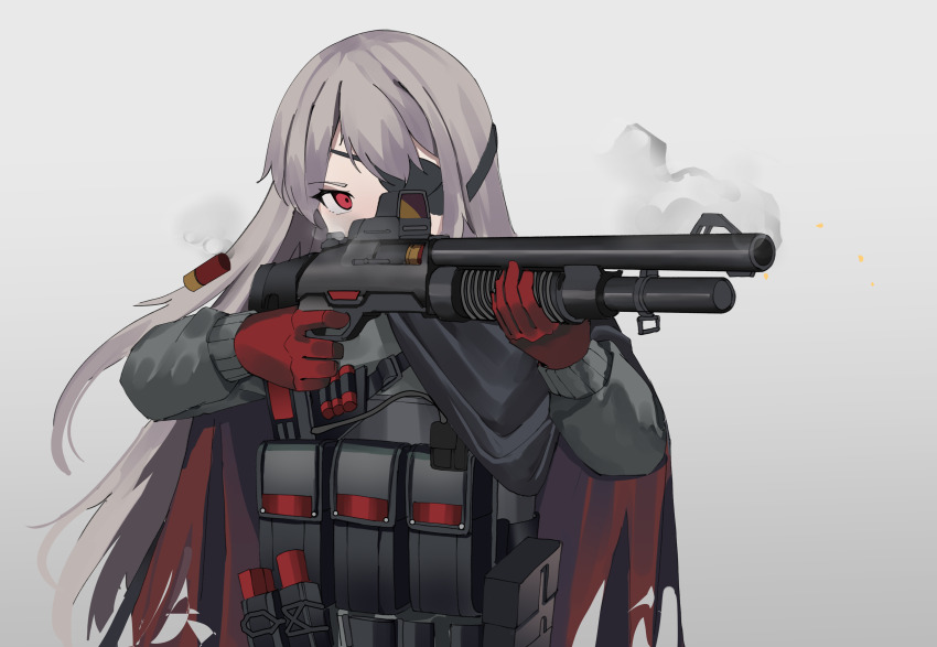 12-gauge 1girl absurdres ammunition benelli_m4_super_90 black_jacket cape commentary covered_mouth evelyn_(neural_cloud) eyepatch gar32 girls&#039;_frontline girls&#039;_frontline_neural_cloud gloves grey_background grey_hair gun highres holding holding_gun holding_weapon jacket long_hair long_sleeves m1014 red_cape red_eyes red_gloves semi-automatic_shotgun shotgun shotgun_shell simple_background smoke solo torn_cape torn_clothes upper_body very_long_hair weapon