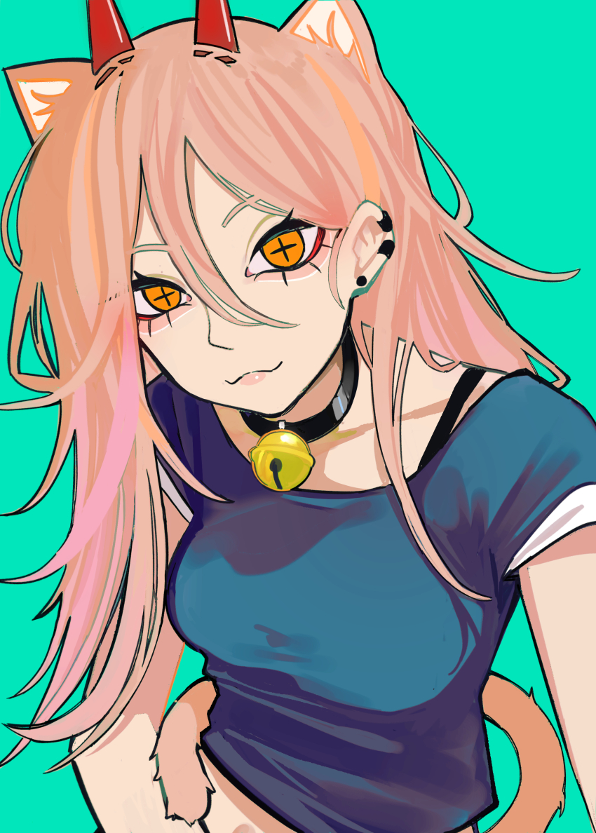 1girl :3 absurdres animal_ears bell blue_shirt breasts cat_ears cat_tail chainsaw_man choker cross-shaped_pupils demon_horns ear_piercing hair_between_eyes highres horns long_hair looking_at_viewer midriff_peek orange_eyes piercing power_(chainsaw_man) red_horns sailen0 shirt simple_background solo symbol-shaped_pupils tail