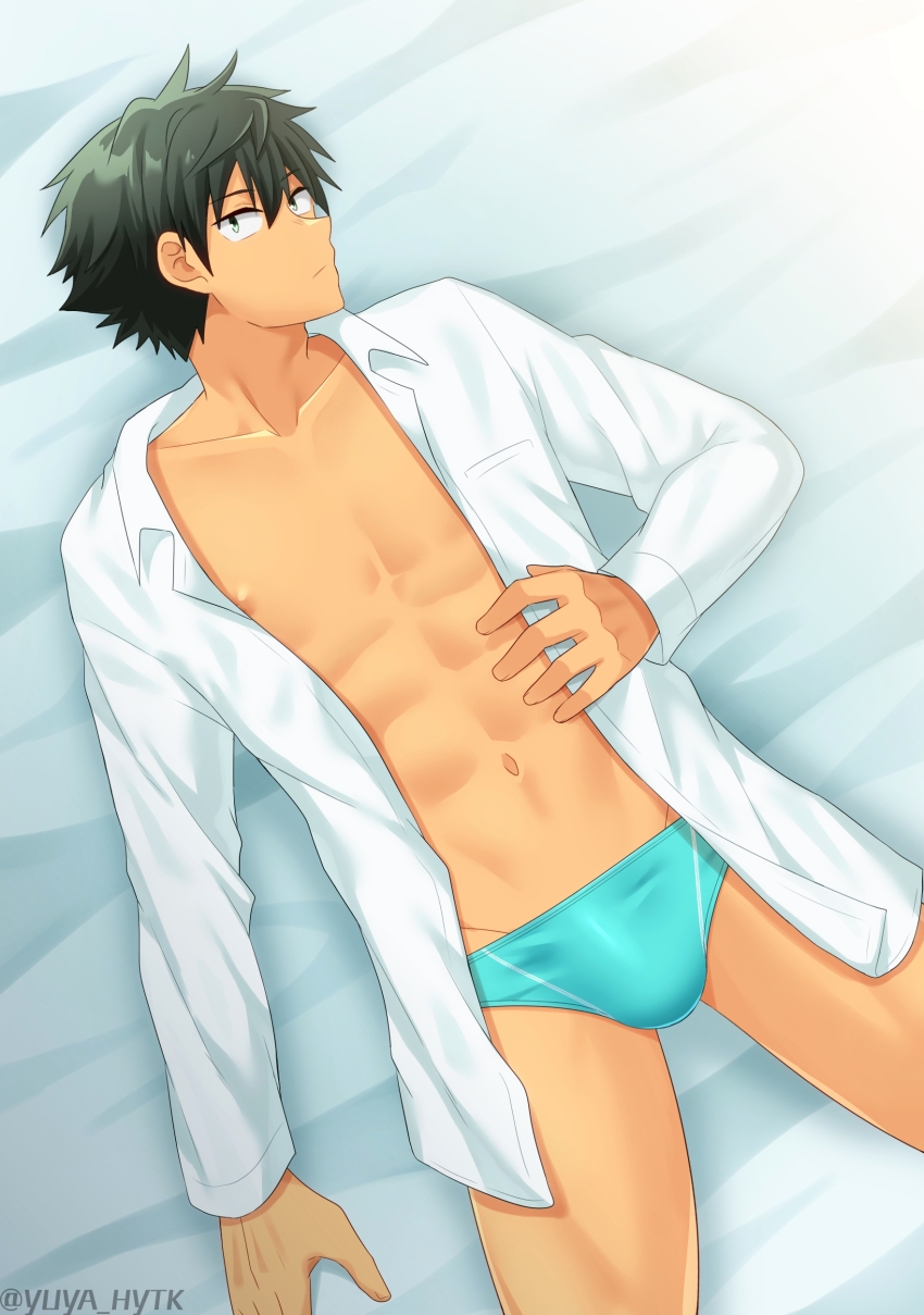 1boy :/ abs absurdres aqua_male_swimwear artist_name bed_sheet bulge collarbone commentary_request cowboy_shot dress_shirt expressionless from_above green_eyes green_hair groin hair_between_eyes hand_on_own_stomach hand_up highres indoors long_sleeves looking_at_viewer looking_up lying male_focus male_swimwear navel nipple_slip nipples no_pants on_back open_clothes open_shirt original pectorals sanpaku shirt short_hair solo spiked_hair spread_legs swim_briefs toned toned_male twitter_username white_shirt yuya_hytk