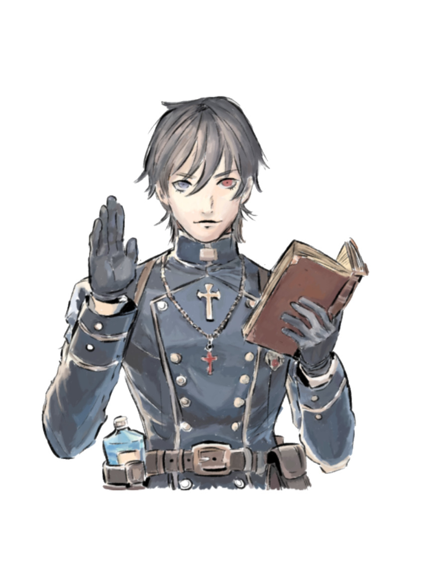 1boy artist_request belt bible bible_(object) black_gloves blue_eyes book buttons character_request check_artist closed_mouth cross devil_summoner_(series) fanfic ginkomi_atsutani/nikovich_kuzunoha_vii gloves grey_hair hair_between_eyes heterochromia highres holding holding_book jewelry long_sleeves looking_at_viewer male_focus megami_tensei megaten necklace open_book red_eyes shin_megami_tensei solo soraru3409 transparent_background upper_body