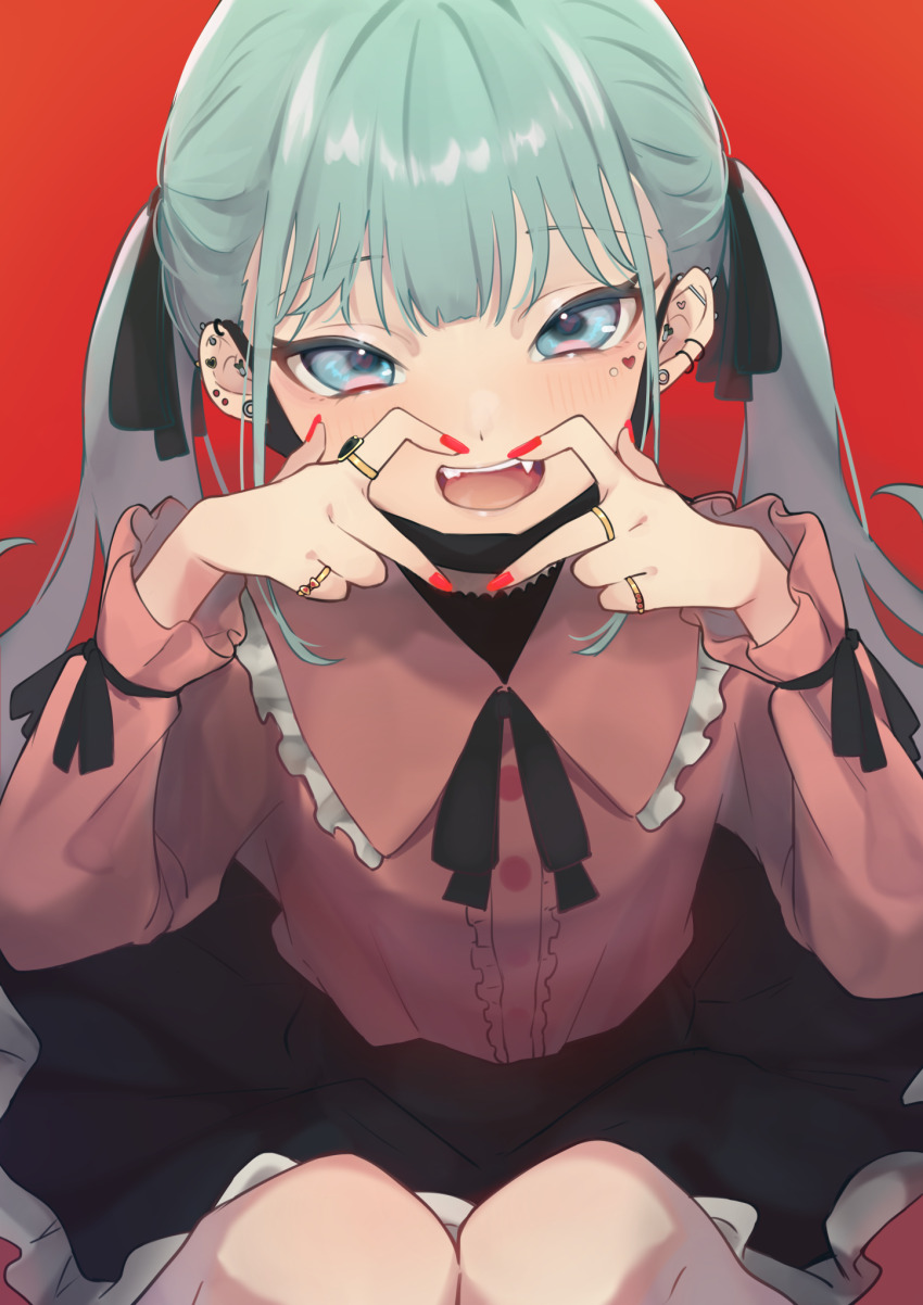 1girl :d aqua_hair black_ribbon black_skirt blue_eyes blush center_frills commentary_request ear_piercing facial_mark fangs fingernails four-finger_heart_hands frills hair_ribbon hatsune_miku heart heart_facial_mark heart_hands highres jewelry jirai_kei kiinakin looking_at_viewer mask mouth_mask multiple_rings nail_polish neck_ribbon open_mouth piercing pink_shirt red_background red_nails ribbon ring shirt skirt smile solo teeth tongue twintails upper_teeth_only vampire_(vocaloid) vocaloid