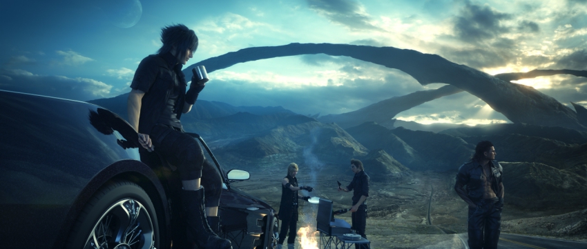 10s 3d 4boys car cup final_fantasy final_fantasy_xv fire gladiolus_amicitia glasses grill highway ignis_scientia male_focus motor_vehicle mountain mug multiple_boys noctis_lucis_caelum official_art prompto_argentum road scenery square_enix sunset