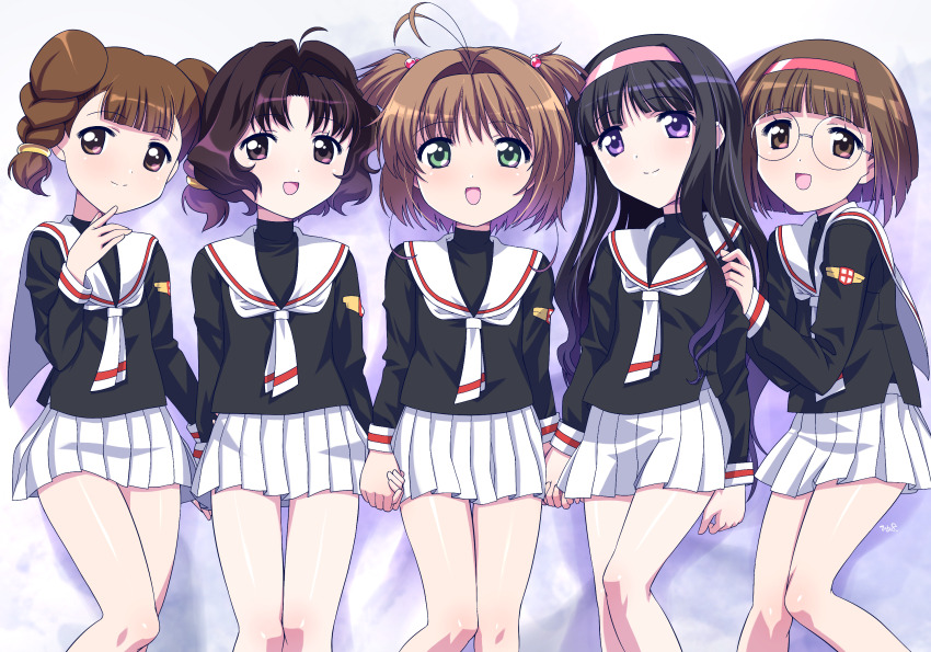 5girls :d ahoge antenna_hair black_hair black_shirt blunt_bangs braid brown_eyes brown_hair cardcaptor_sakura closed_mouth daidouji_tomoyo glasses green_eyes hair_bobbles hair_intakes hair_ornament hairband hand_up highres himehachi_(hime8manga) holding_hands interlocked_fingers kinomoto_sakura long_hair long_sleeves mihara_chiharu miniskirt multiple_girls open_mouth pink_hairband pleated_skirt purple_eyes round_eyewear sailor_collar sasaki_rika school_uniform serafuku shirt short_hair skirt smile split_mouth tomoeda_elementary_school_uniform twin_braids two_side_up white_sailor_collar white_skirt yanagisawa_naoko