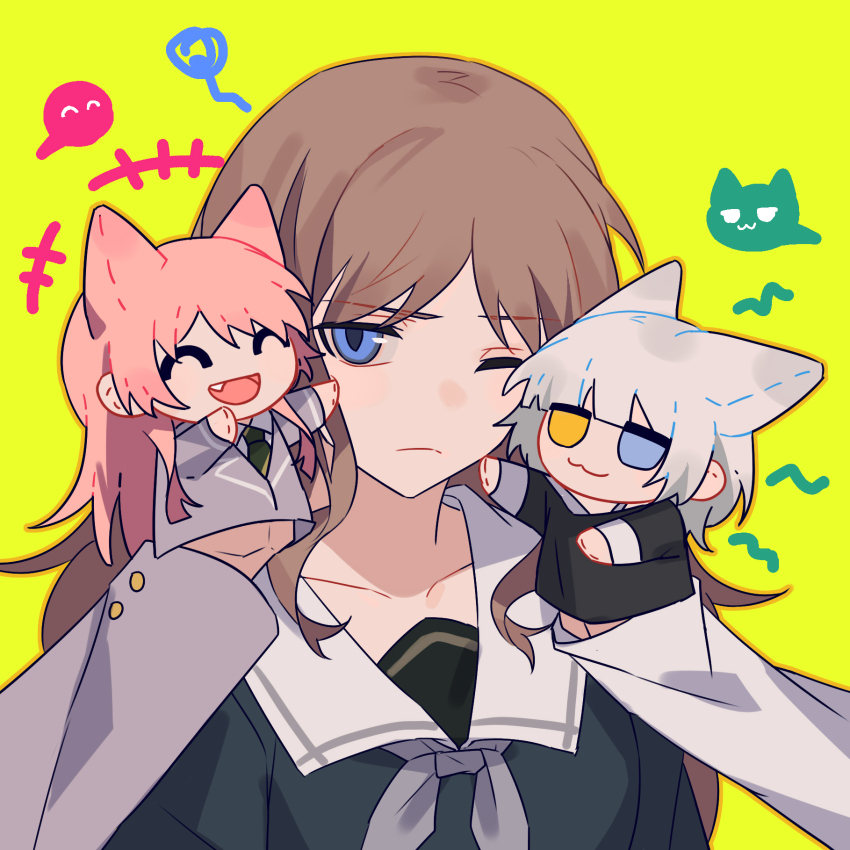3girls :3 bang_dream! bang_dream!_it&#039;s_mygo!!!!! blue_eyes blue_shirt brown_hair chihaya_anon chinese_commentary closed_mouth commentary_request fang grey_hair hand_puppet haneoka_school_uniform highres kaname_raana long_hair long_sleeves multiple_girls nagasaki_soyo one_eye_closed puppet raana_the_cat school_uniform shirt simple_background tsukinomori_school_uniform xmyishipi yellow_background