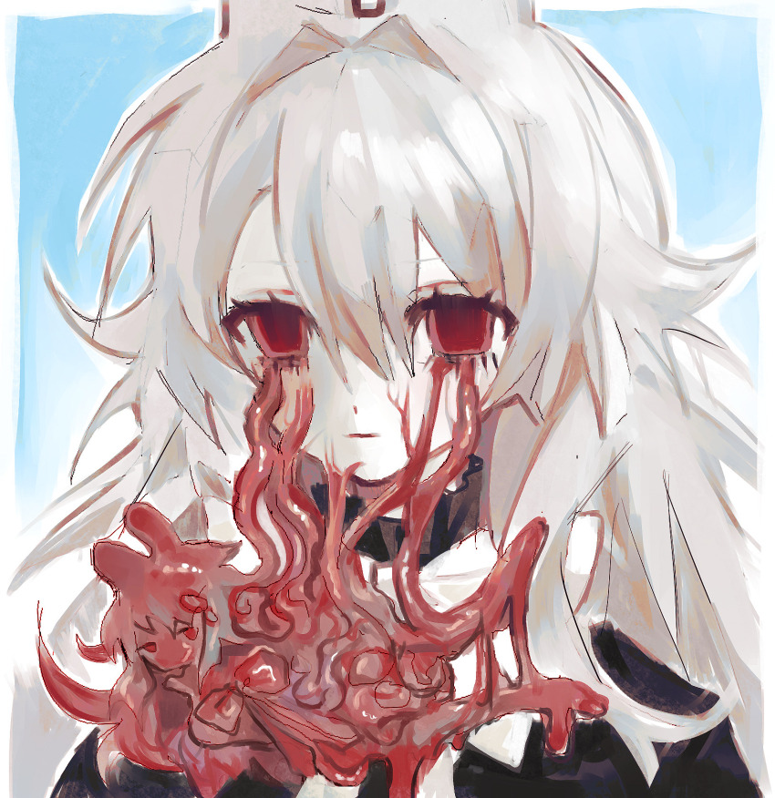 1girl animal_ears black_capelet blood bloody_tears bow bowtie capelet closed_mouth commentary english_commentary faust_(nonsensemanna) flesh frilled_sleeves frills guro hair_intakes highres long_hair nonsensemanna original portrait rabbit_ears red_eyes sidelocks solo very_long_hair white_bow white_bowtie white_hair